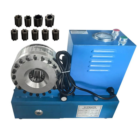 Heavy Duty Electric Hydraulic Hose Crimper Machine With 9 Die Sets crushes R1 and R2 hoses, showcasing die sets and machine control features.