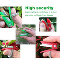 All Purpose Gardener Thumb Knife And Pruning Shears With No Fuss Design for Leaf Trimming, shown in green and red with finger spring