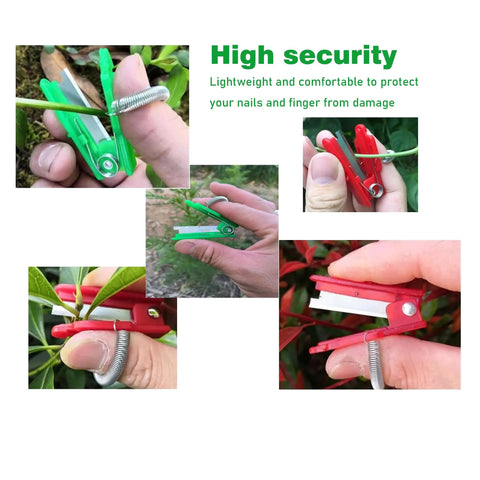 All Purpose Gardener Thumb Knife And Pruning Shears With No Fuss Design for Leaf Trimming, shown in green and red with finger spring