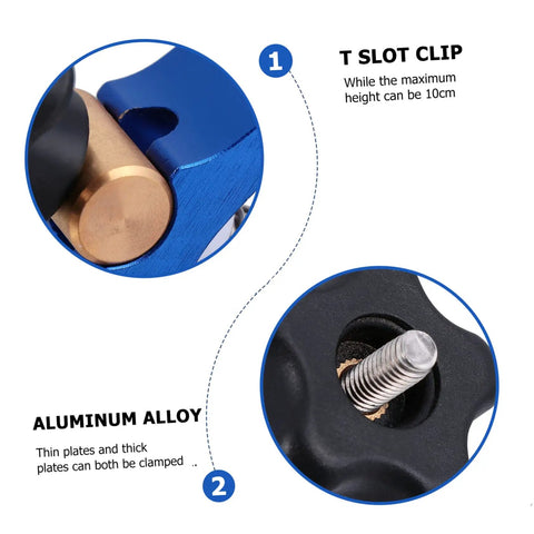 Close-up of Fast Acting Track Clamp Woodworking Hold Down Clip T Slot Clamp For Carpentry, showing T slot clip and aluminum alloy details