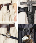 Medieval Belt Pouch Set With Leather Bracers And Hook Strap For Cosplay And Festival Gear, shown worn with detail on hook strap.