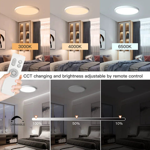 Flush Mount Ceiling Light Fixture With Remote Control, Round LED Panel 15.8 Inch displaying tunable white and dimmable options in bedroom.