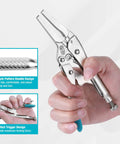 Close-up of Long Nose Locking Pliers With Wire Cutter, Built Tough Chrome Vanadium Construction, showing screw jaw adjustment