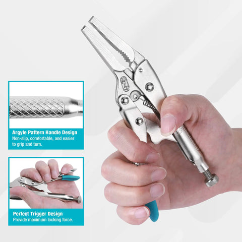 Close-up of Long Nose Locking Pliers With Wire Cutter, Built Tough Chrome Vanadium Construction, showing screw jaw adjustment