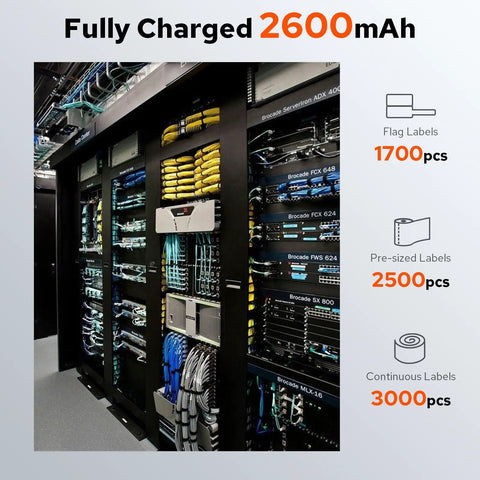 Image of a data center with labeled cables and equipment, showcasing the Straight Up Heavy Duty Portable Bluetooth Labeler Built For Job Sites With Thermal Transfer Head Crisp Clear Wire And Cable Labeling On Pet Nylon Self Laminating Tape And Heat Shrink Roll.