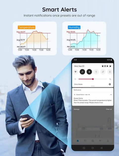Man checking phone with app alerts for Three Pack WiFi Hygrometer Thermometer Sensor With App Alerts Remote Monitoring For Home And Greenhouse Indoor Wireless Temperature And Humidity Monitor Two Years Data Storage Export Easy Setup And Accurate Readings.