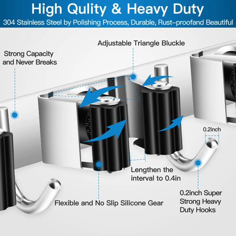 Broom And Mop Holder Wall Mount With Five Slots and Four Hooks Self Adhesive Stainless Steel Organizer details with silicone gear.