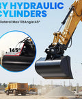 35inches/889mm Mini Excavator Attachment Set With Hydraulic Bucket, Backhoe Digger, And Heavy-Duty Tractor Attachments shown at a construction site with tilt angle detail