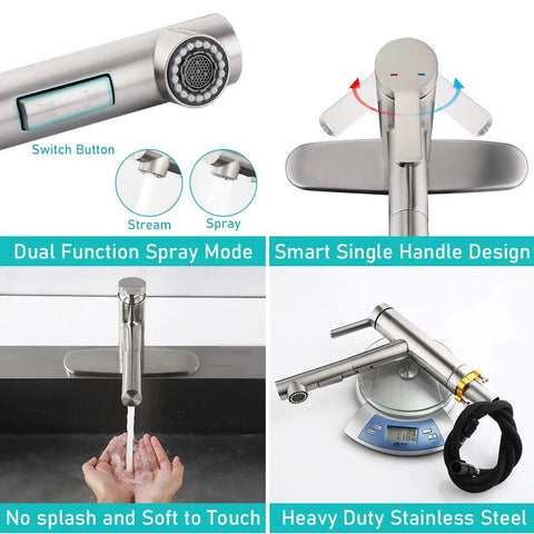 Chrome Kitchen Sink Faucet With Pull Out Sprayer For Farmhouse And Bar Sinks Durable Lead Free Stainless Steel Mixer Tap With Fingerprint Resistant Chrome Finish Easy Install No Fuss showing features and dual spray modes