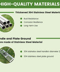 Diagram showing stainless steel tubes and rake components, highlighting durability of Stainless Steel Lawn Leveling Rake With 72 Inch Two Section Handle Heavy Duty Top Dressing Tool For Soil Sand Dirt Screw Lock Pole U Shape Handle Rubber Grip Pro Grade Quality.