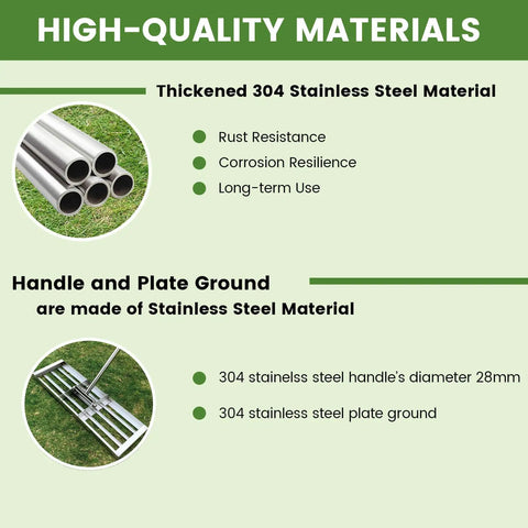 Diagram showing stainless steel tubes and rake components, highlighting durability of Stainless Steel Lawn Leveling Rake With 72 Inch Two Section Handle Heavy Duty Top Dressing Tool For Soil Sand Dirt Screw Lock Pole U Shape Handle Rubber Grip Pro Grade Quality.