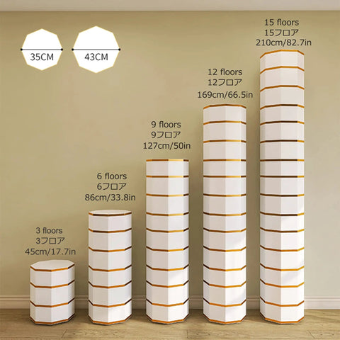 Slick Rotating Corner Shoe Rack, Metal Lazy Susan Storage Tower height and size comparison of 3 to 15 floors.