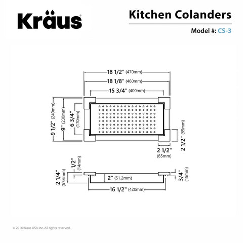 Diagram of Stainless Steel Colander for Undermount Sinks, Heavy Duty T-304, Scratch-Resistant Commercial Grade Satin Finish