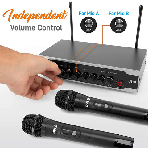 Portable UHF Wireless Microphone System With Battery Power, Dual Handheld Mics, Receiver Base, independent volume control