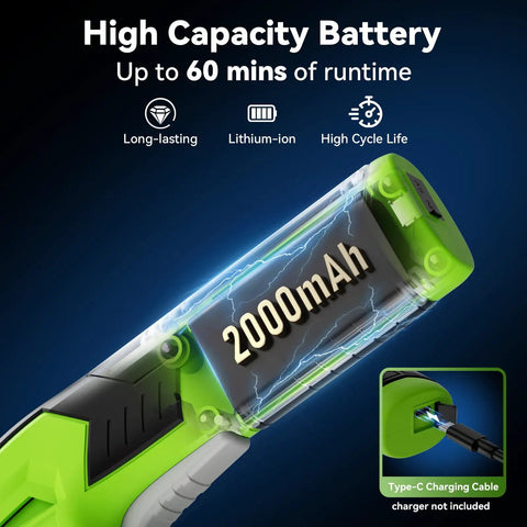 Close-up of 2-In-1 Cordless Hedge Trimmer And Grass Shear showcasing high capacity 2000mAh battery with Type-C cable charging.