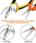 Curved and straight blade details on 2 Pack Stainless Steel Pruning Shears For Sharp And Smooth Cuts Garden Clippers With Soft Grip Handles