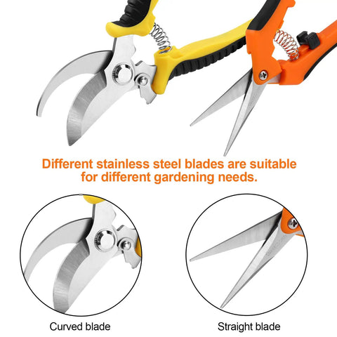 Curved and straight blade details on 2 Pack Stainless Steel Pruning Shears For Sharp And Smooth Cuts Garden Clippers With Soft Grip Handles