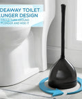 Heavy Duty Toilet Plunger Eight Piece Set Featuring Rock Solid Suction And Ergonomic Handles To Knock Out Stubborn Clogs Fast Without Any Sweat For Busy Households Across America, hideaway design with black plunger standing next to toilet.