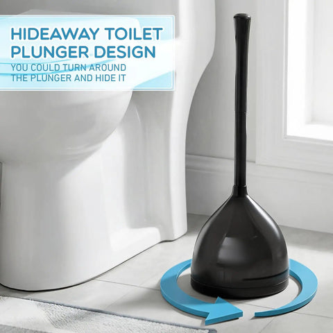 Heavy Duty Toilet Plunger Eight Piece Set Featuring Rock Solid Suction And Ergonomic Handles To Knock Out Stubborn Clogs Fast Without Any Sweat For Busy Households Across America, hideaway design with black plunger standing next to toilet.