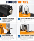 Handheld Portable Bag Sewing Machine For Farms And Logistics Sites With 2 Thread Spools, Battery Powered Woven Sac Sealer control features overview.