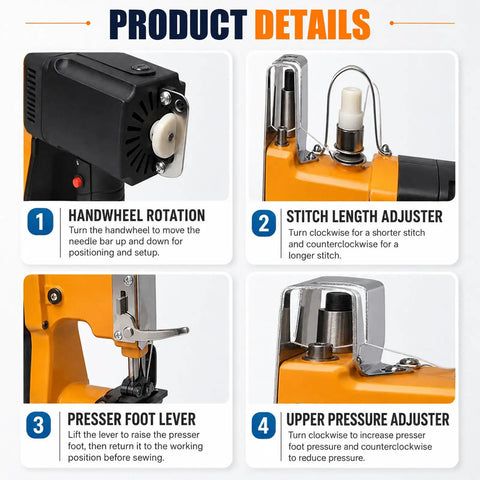 Handheld Portable Bag Sewing Machine For Farms And Logistics Sites With 2 Thread Spools, Battery Powered Woven Sac Sealer control features overview.