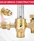 Argon Regulator Flow Meter With Welding Hose For MIG TIG Welding, CGA-580 Inlet, Smooth Flow, Works With Argon CO2 Helium And More Gas Cylinders, Easy Hookups And Multi-Size Connection Options, brass regulator close-up