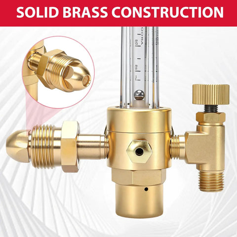 Argon Regulator Flow Meter With Welding Hose For MIG TIG Welding, CGA-580 Inlet, Smooth Flow, Works With Argon CO2 Helium And More Gas Cylinders, Easy Hookups And Multi-Size Connection Options, brass regulator close-up