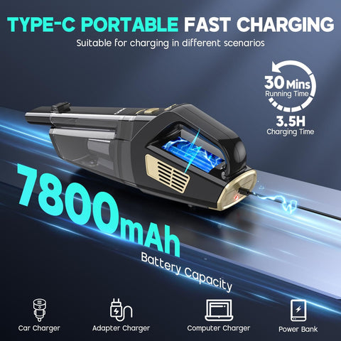 Cordless Handheld Vacuum With 15000Pa Suction And Cyclonic Technology shown charging via Type-C with 7800mAh battery