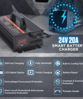 24V 20A Smart Forklift Battery Charger With LCD Display For Auto Pallet Jacks on industrial surface with display showing charging status.