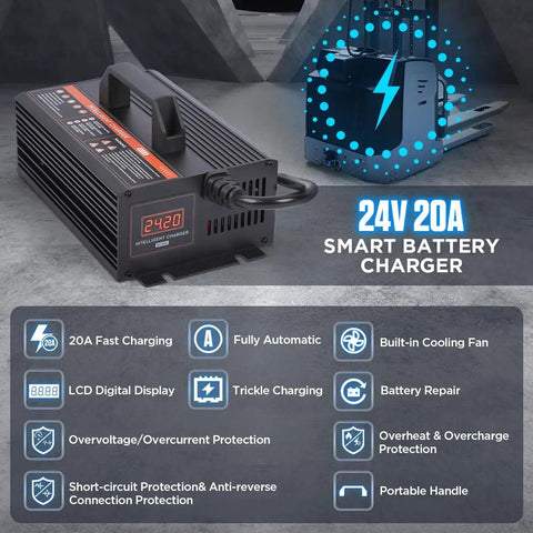 24V 20A Smart Forklift Battery Charger With LCD Display For Auto Pallet Jacks on industrial surface with display showing charging status.