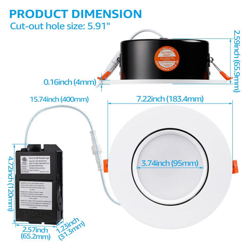 Six Inch Gimbal LED Recessed Light With Junction Box Air Tight IC Rated 13.5W Canless Dimmable Downlight 5000K Directional Swivel For Tight Ceilings High CRI 90 Plus ETL Pack Of Four