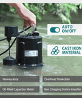 3/4 HP Submersible Sewage Pump With Auto Float Switch 2 Inch NPT Discharge 115V 7200 GPH Cast Iron Sump Pump For Basement Drainage