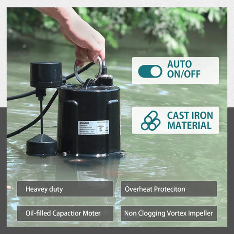 3/4 HP Submersible Sewage Pump With Auto Float Switch 2 Inch NPT Discharge 115V 7200 GPH Cast Iron Sump Pump For Basement Drainage