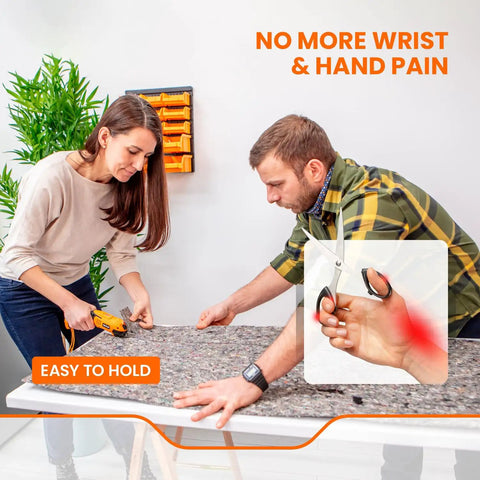 Slick Cordless Electric Fabric Scissors And Heavy Duty Cardboard Cutter With Two Swappable Blades being used by two people cutting fabric.