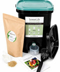 Indoor Bokashi Composting Starter Kit With 2.2 lb Premium Bokashi Bran, black bucket with green lid, accessories for fermentation