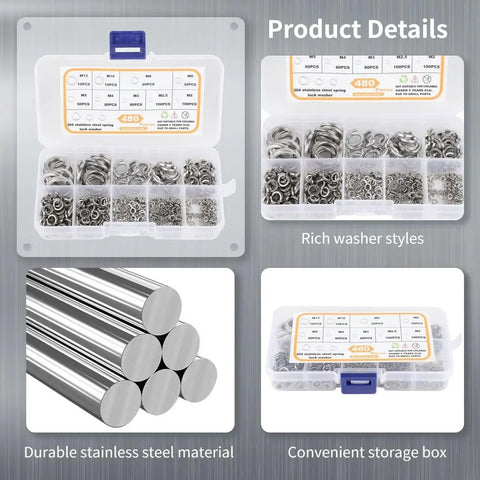 480 Piece Spring Lock Washer Set With M2 Through M12 Nine Sizes 304 Stainless Steel Split Washers In Durable Heavy Duty Storage Box For Auto Repair Furniture Fixes And DIY Projects, open organizer