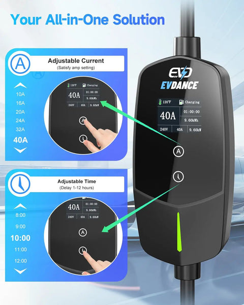 Display panel of Tesla Level 2 EV Charger For Home, 40A Fast 9.6kW Charging Station With NEMA 14 50 Plug, showing adjustable current and timer.