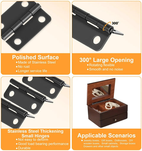 Mini Stainless Steel Hinge Set For Dyb Crafts, 14 small butt hinges with 60 screws, polished black finish, shown with jewelry box use.