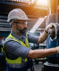 Worker wearing Noise Cancelling Ear Plugs 27dB NRR, Corded And Reusable, Individually Packaged With Belt Clip, at work station.