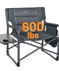 Gray oversized directors chair with foldable side table, detachable pocket, heavy-duty frame and 600 lbs weight capacity.