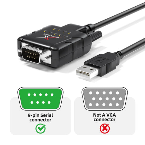 DeStatix A9 FTDI USB to RS232 Adapter With 9 Status LEDs showcasing 9-pin serial connector and USB plug
