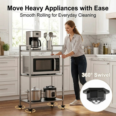 Woman using Heavy Duty Hex Self Adhesive Caster Wheels Four Pack Snap On Furniture Movers on kitchen cart for easy maneuvering.