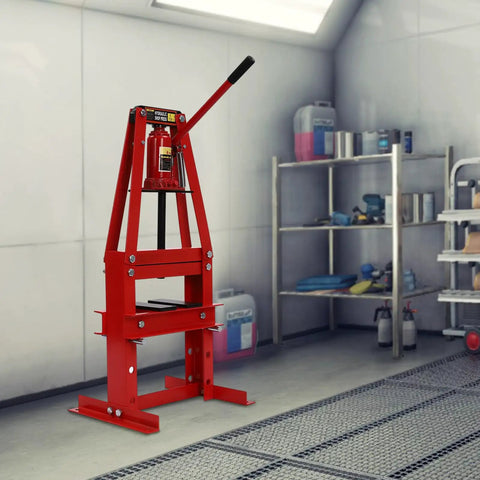 Heavy Duty 6 Ton Hydraulic Shop Press A Frame Benchtop With Press Plates And Adjustable Working Table Height For Car Repair And Garage Projects Red Pro Grade Construction in a workshop setting