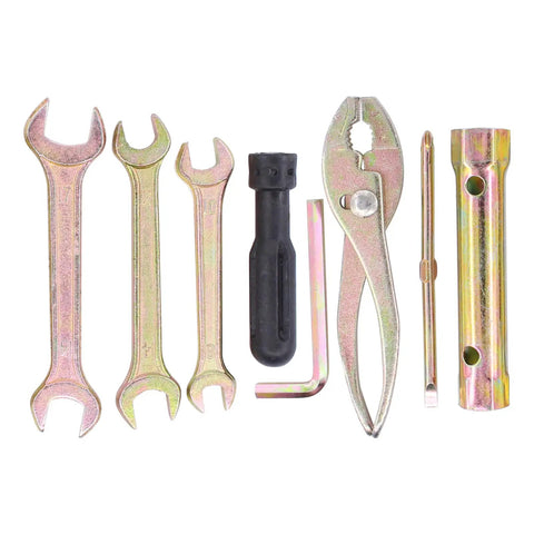7Pcs Motorcycle Repair Tool Kit with wrenches, pliers, socket, and screwdriver for quick maintenance on the go.
