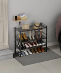 Expandable Shoe Rack Closet Organizer With Heavy Duty Metal Framework And Adjustable Stackable Shelves For Entryway Garage RV Pantry Or Cabinet Large Size 1 Pack Black in garage setting, holding various shoes.