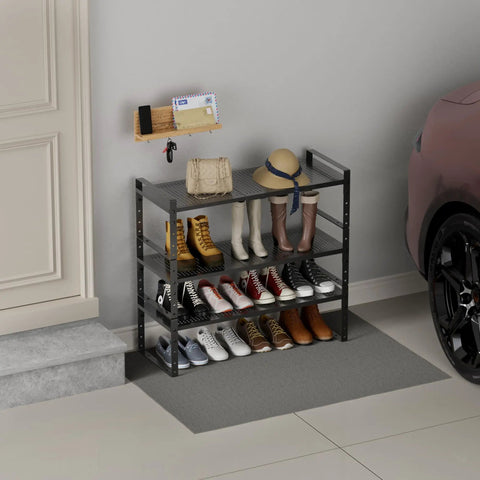 Expandable Shoe Rack Closet Organizer With Heavy Duty Metal Framework And Adjustable Stackable Shelves For Entryway Garage RV Pantry Or Cabinet Large Size 1 Pack Black in garage setting, holding various shoes.