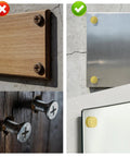 Knockout Brass Screw Covers And Decorative Gold Metal Caps That Straight Up Hide Ugly Fastener Holes On Wood Durable Decorative Nail Slugs With A Slick Brushed Look In A Tight 12 Piece Set shown on wood and metal surfaces.