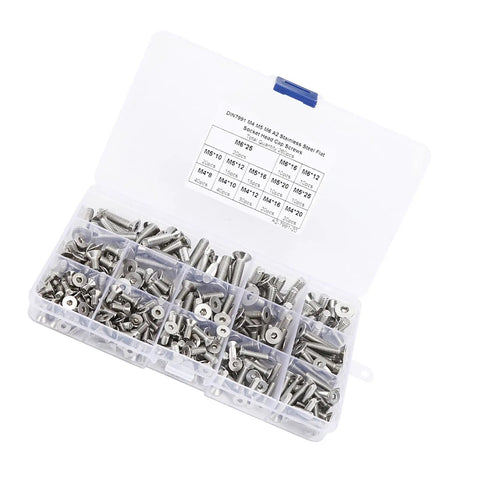 Heavy Duty 260 Piece Assorted Flat Head Hex Socket Screw Set With Countersunk Fasteners In M4 M5 And M6 Sizes Made From Top Grade Stainless Steel 304 in transparent storage box.