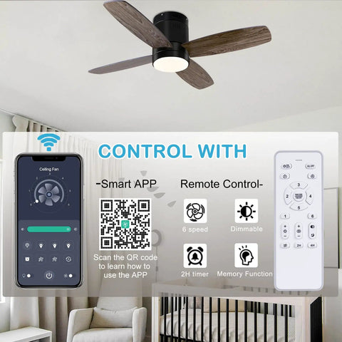 38 Inch Flush Mount Ceiling Fan With Light Remote And App Control Dimmable LED Light Quiet DC Motor in bedroom setting