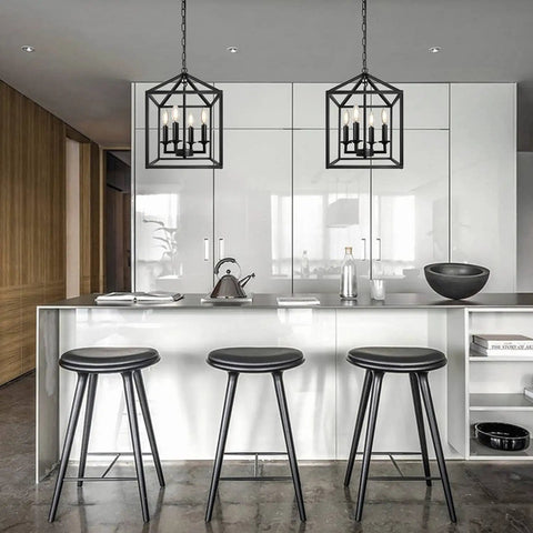 Farmhouse Black Pendant Light Lantern Chandelier For Kitchen Island Foyer Dining Room And Hallway Industrial Style Four Light Fixture With E12 Sockets Measures 17 By Eleven Point Eight Inches No Glass To Clean And Easy Ceiling Mount over modern kitchen island.